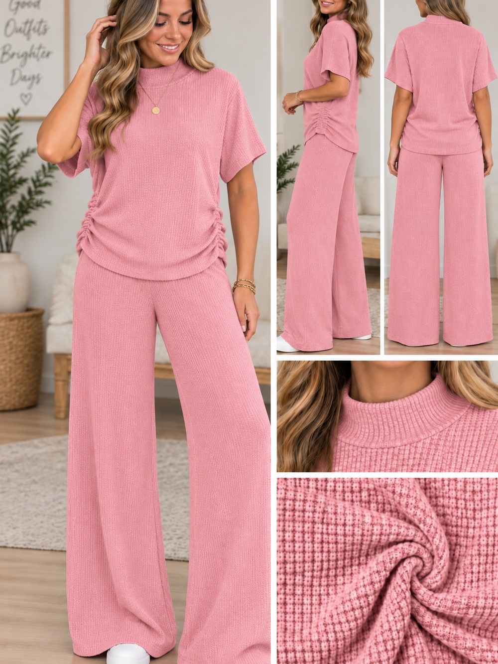 Zenana, Soft & Cozy Waffle Nit Wide-Leg Pants & Top Set. Pink